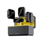 K50 Multi-Device Wireless Lavalier Microphone a phone and electronic devices a collage of a phone charging device a group of electronic devices on a tableK50 Multi-Device Wireless Lavalier Microphone a black and yellow device with multiple devices